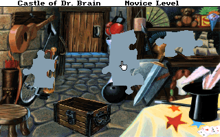 Castle of Dr. Brain (DOS) screenshot: A jigsaw puzzle! :) Get pieces from the chest and put them in the right places.