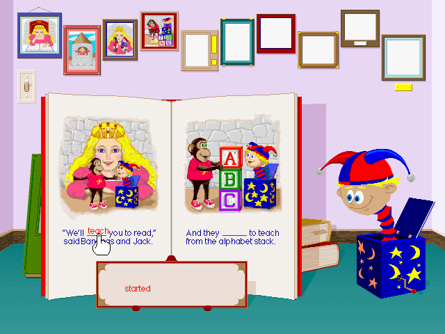 Ready, Set, Read with Bananas & Jack (Windows 3.x) screenshot: Placing 'teach' into the proper place