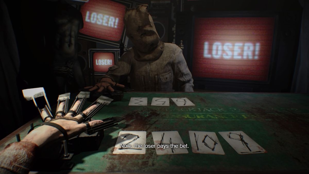 Resident Evil 7: Biohazard - Banned Footage: Vol.2 (PlayStation 4) screenshot: 21: Oh no, I lost... time to pay the bet, in blood