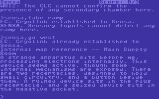 Suspended (Commodore 64) screenshot: Sensa describing his location.