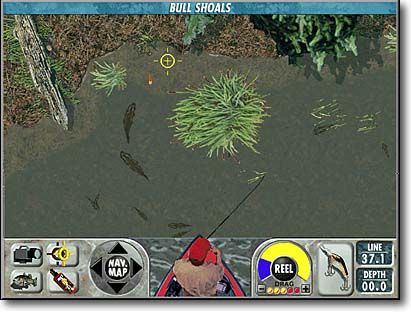 Front Page Sports: Trophy Bass 2 (Windows 3.x) screenshot: Main Trophy Bass fishing screen (top-down view)