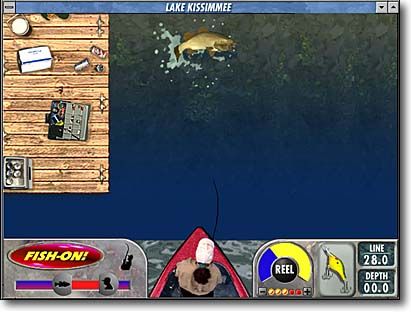 Front Page Sports: Trophy Bass 2 (Windows 3.x) screenshot: Time for action ! Keep your rod tip up, and watch your drag setting and reel speed
