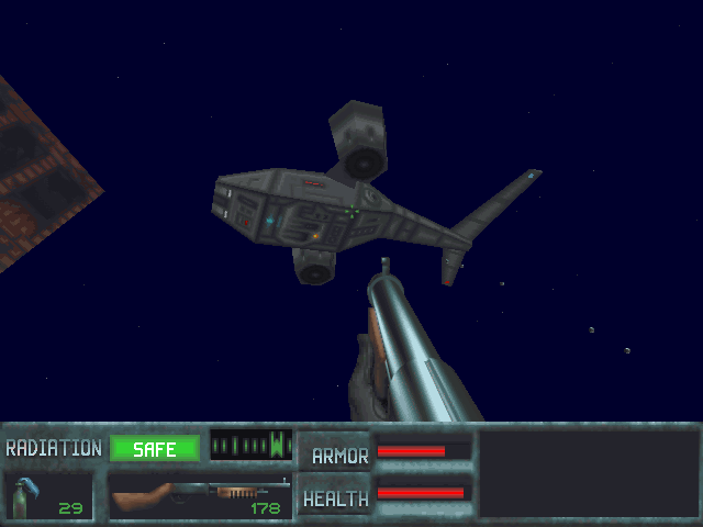 SkyNET (DOS) screenshot: This is a Hunter/Killer Bomber. It will try to circle above you while dropping small bombs (grenades actually). Take cover or get away if you want to avoid a quick death.
