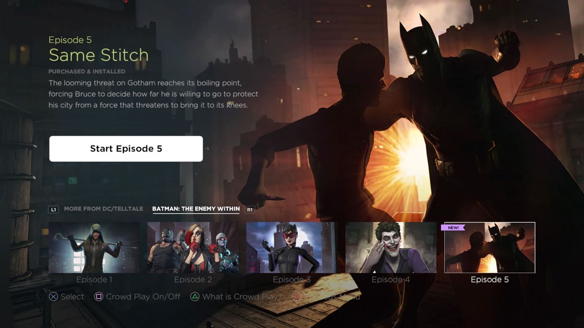 Batman: The Telltale Series - The Enemy Within: Episode Five - Same Stitch (PlayStation 4) screenshot: Episode 5 select screen