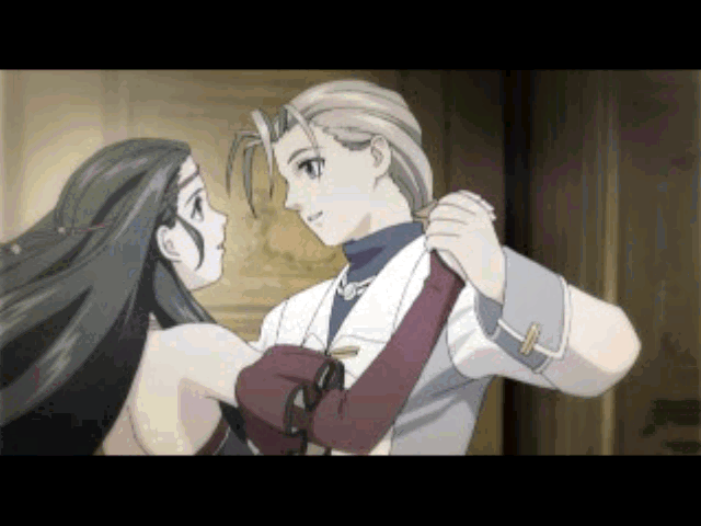 Genso Suiko Gaiden: Vol.1 - Harmonia no Kenshi (PlayStation) screenshot: Jowy dances with Princess Jillia