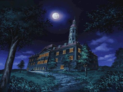 Genso Suiko Gaiden: Vol.1 - Harmonia no Kenshi (PlayStation) screenshot: Arriving at the moonlit mansion
