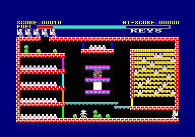 Caves of Doom (Amstrad CPC) screenshot: The white stick figure will chase you and he can fly.