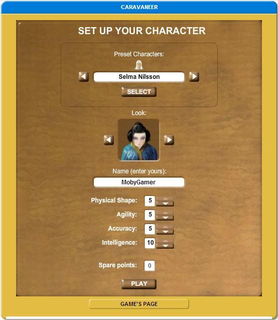 Caravaneer (Browser) screenshot: Character creation.