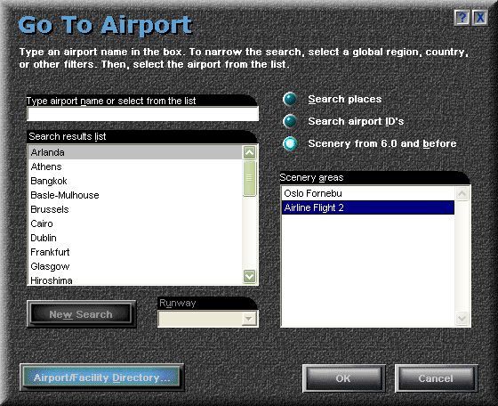 Airline Flights 2 (Windows) screenshot: The airports that the package flies to/from are found under the 'Scenery from 6.0 and before' section of the airport library Flight Simulator 98