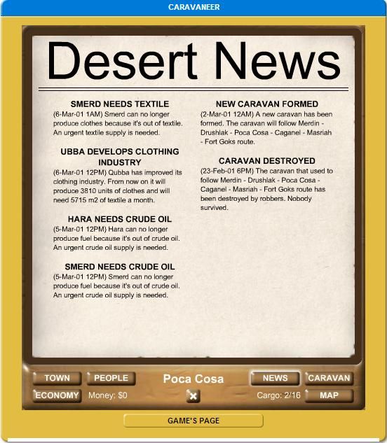 Caravaneer (Browser) screenshot: Desert news of current events.