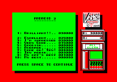 Android Two (Amstrad CPC) screenshot: High scores