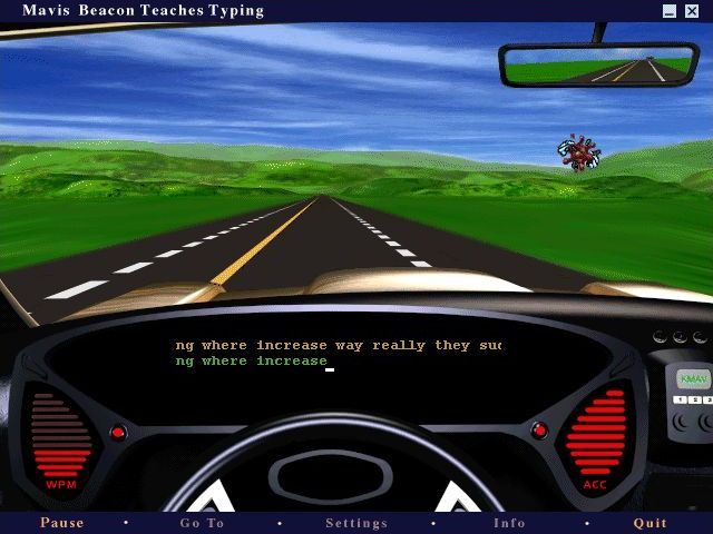 Mavis Beacon Teaches Typing: Version 8 (Windows) screenshot: Road Race: The player must type the words as they appear on the dashboard. The other car can just be seen in the rear view mirror