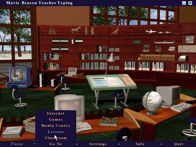 Mavis Beacon Teaches Typing: Version 8 (Windows 16-bit) screenshot: The main classroom area. There are hot spots here to view videos, go onto the internett, practice etc. The lower menu bar takes the player to the games area