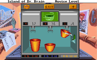The Island of Dr. Brain (DOS) screenshot: Save the game before this one and it turns to be a fun puzzle. However, it's harder for people used to the metric system who may have no idea how many quarts are in a gallon etc.