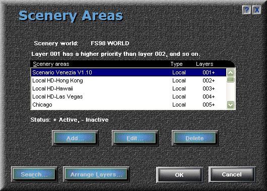 Venezia 98 (Windows) screenshot: This is how the new scenery file appears in the simulators scenery library. Microsoft Flight Simulator 98