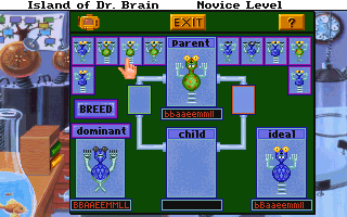 The Island of Dr. Brain (DOS) screenshot: The genetics puzzle - breed a cyborg with the expected traits.