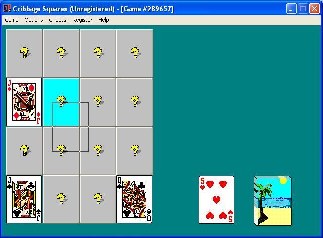 Cribbage Squares (Windows) screenshot: The player uses the mouse to drag cards into position, the card's outline is used to show where it will be placed.