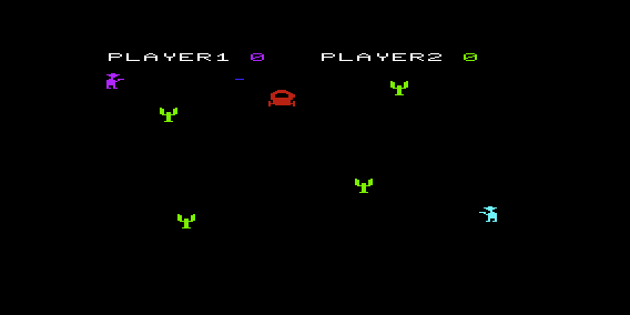 Gunfight (VIC-20) screenshot: Trying to shoot at the wagon, only to miss