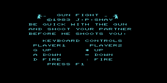 Gunfight (VIC-20) screenshot: Title and Instructions