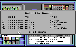 Neuromancer (Commodore 64) screenshot: Checking out a Bulletin Board through the PAX system.