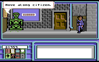 Neuromancer (Commodore 64) screenshot: Robots enforce loitering laws in the cyber-punk future apparently.