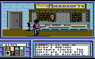 Neuromancer (Commodore 64) screenshot: In the Microsofts store.