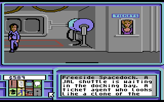 Neuromancer (Commodore 64) screenshot: Freeside space dock.