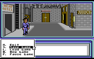Neuromancer (Commodore 64) screenshot: Accessing the file menu.