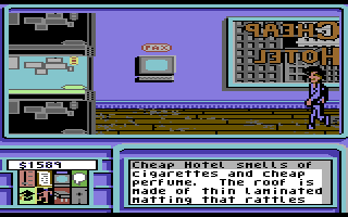 Neuromancer (Commodore 64) screenshot: Cheap hotel.