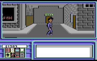 Neuromancer (Commodore 64) screenshot: Walking the streets of Chiba City.