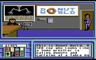 Neuromancer (Commodore 64) screenshot: Donut World - A cop's hangout.