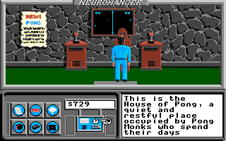 Neuromancer (Apple IIgs) screenshot: The House of Pong home to a bunch of weirdos who worship an ancient video game.
