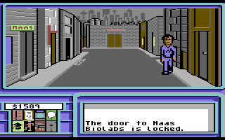 Neuromancer (Commodore 64) screenshot: Locked doors mean nothing to the clever computer hacker though!