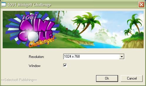 1001 Minigolf Challenge (Windows) screenshot: When the game loads it confirms the screen resolution and windowed/fullscreen mode with the player
