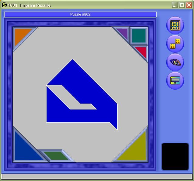 1001 Tangram Puzzles (Windows) screenshot: The game loads displaying a random puzzle. The tiles needed to complete it are neatly tucked away in the corners. The dice icon on the right selecta another random puzzle