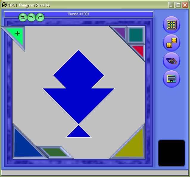1001 Tangram Puzzles (Windows) screenshot: Pieces selected by the mouse change colour and can be dragged into position. They can also be rotated using the control buttons shown here