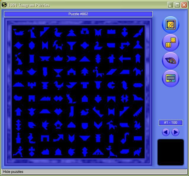 1001 Tangram Puzzles (Windows) screenshot: The game's menu system showing patterns 1 to 100. This is how the player chooses their own pattern.