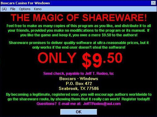Boxcars Casino (Windows 3.x) screenshot: The first screen is the shareware nag screen. No order form was included in the .zip file that contained this game so presumably the complete game was issued and relied on honesty
