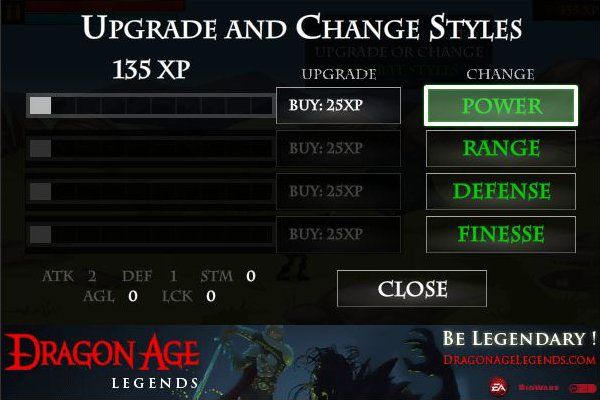 Dragon Age: Legends - Remix 01 (Browser) screenshot: Combat style upgrades