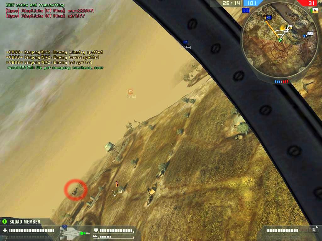 Battlefield 2: Booster Pack - Euro Force (Windows) screenshot: TarabaQuarry-Lost the Mig-29 for a second then spot him running for home (red circle) team mate F15 pilot slides behind him easy missile shot kill