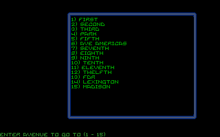 The Punisher (DOS) screenshot: Select your destination for the ride - much easier than driving the clumsy van by yourself