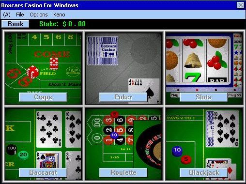 Boxcars Casino (Windows 3.x) screenshot: The game selection screen. Keno is available via the menu bar
