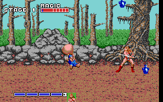 Golden Axe (DOS) screenshot: Tyris hits the thief for magic potions (EGA).