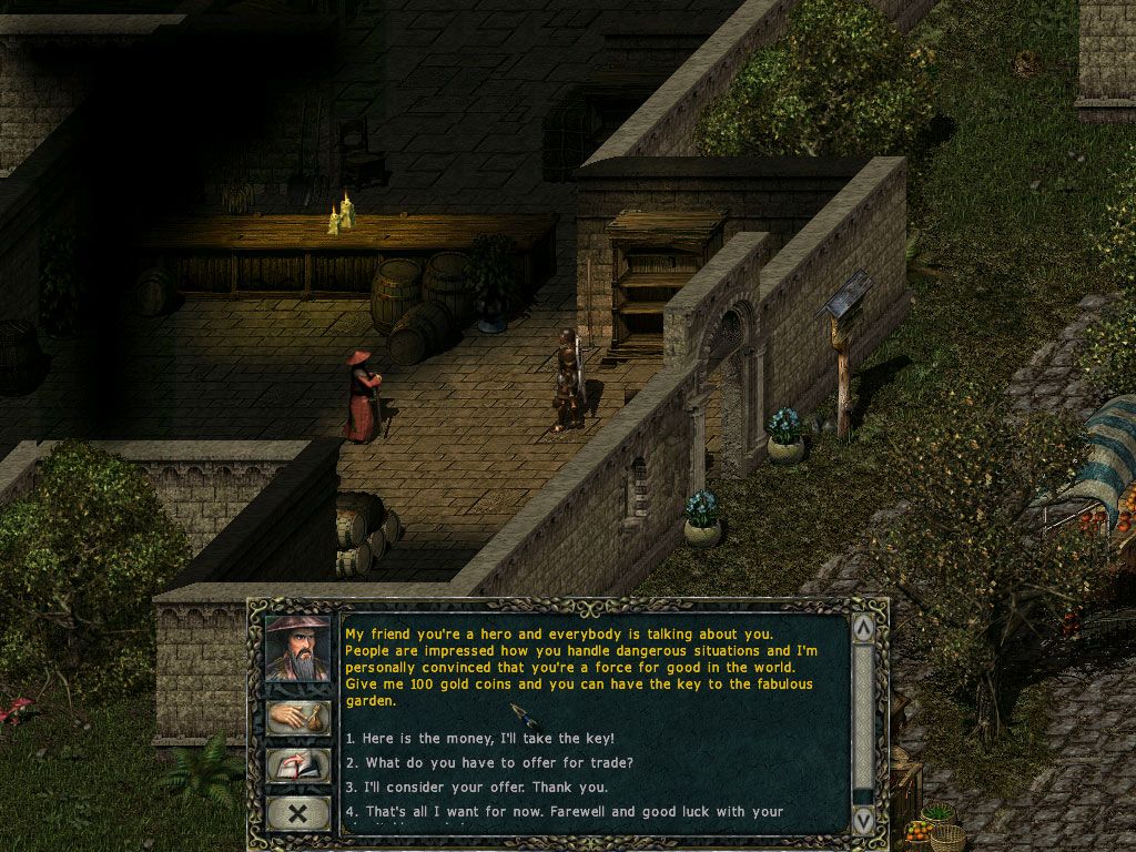 Divine Divinity (Windows) screenshot: Chinese-looking shopkeeper proposes to buy a key
