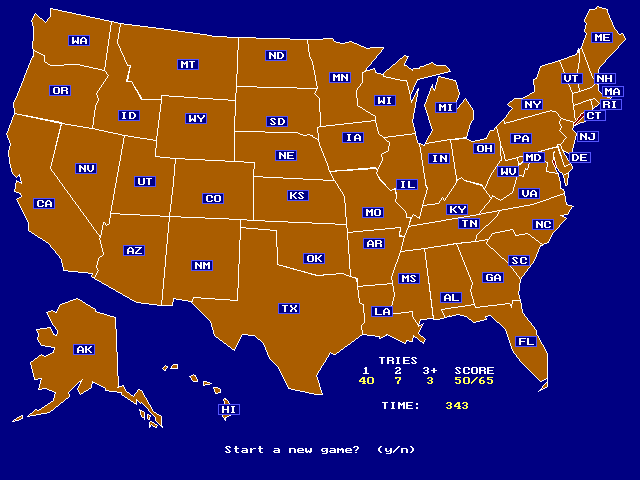 United States Quiz (DOS) screenshot: The game has been completed!