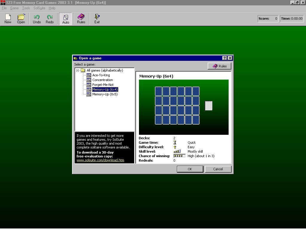 123 Free Memory Card Games (Windows) screenshot: When the game loads it offers the player the choice of five memory games