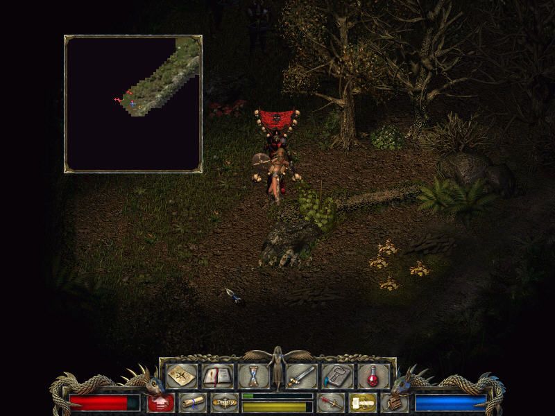 Divine Divinity (Windows) screenshot: You've wandered off to a campsite of orcs led by some crazy tribal dude. You are overpowered and can't take the gold. Mini-map is displayed