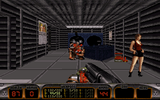 Duke Nukem's Penthouse Paradise (DOS) screenshot: Shooting your way through the hotel's laundromat