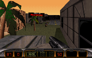 Duke Nukem's Penthouse Paradise (DOS) screenshot: How conveniently close to your hotel