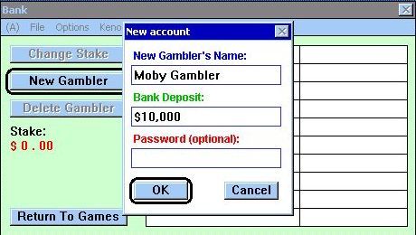 Boxcars Casino (Windows 3.x) screenshot: Setting up a new player id. This is a two stage process, first the player's bankroll is set on this screen then the Change Stake option is used to withdraw cash from the bank to play with